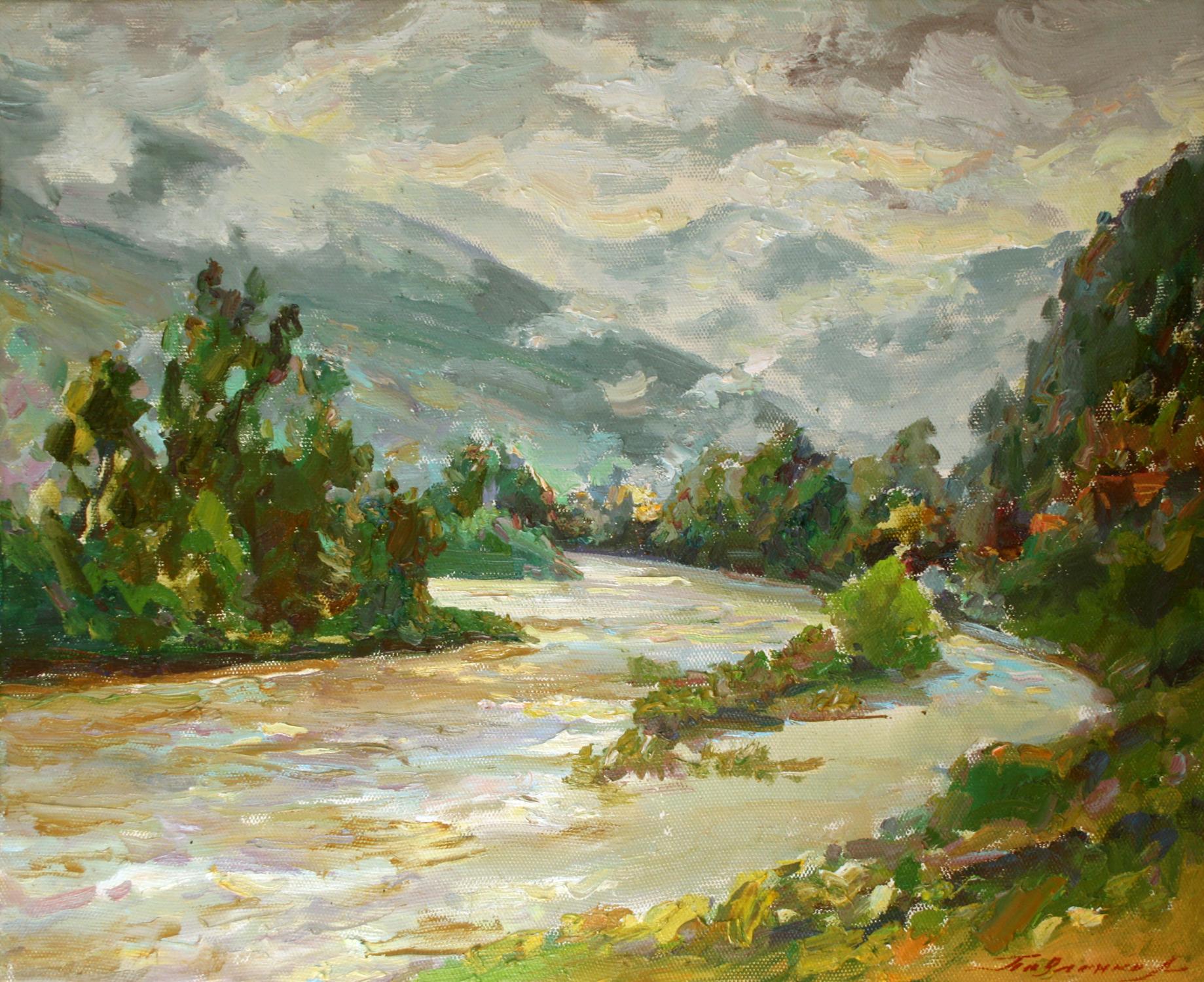 Oil painting of Mountain river by Leonid Pavlenko, textured lush trees and cloudy sky