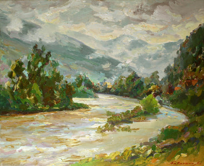 Oil painting of Mountain river by Leonid Pavlenko, textured lush trees and cloudy sky