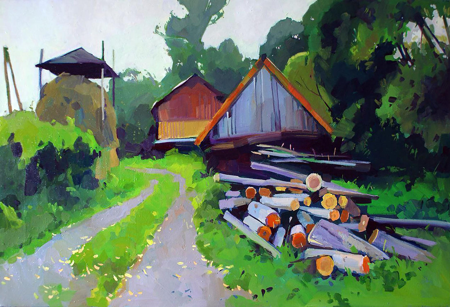 Oil painting Fall has come by Anastasia Yaroshevich: rustic barn in lush field