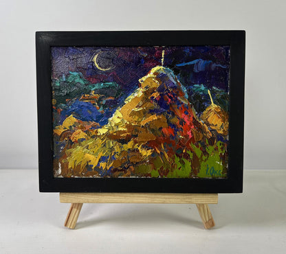 Vibrant oil painting Night tale in silver reflections by Oksana Ivanyuk, mountain under crescent moon in black frame