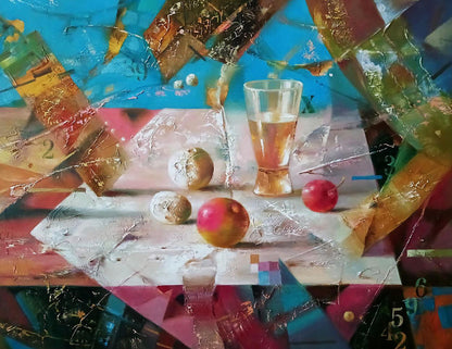 Abstract oil painting Thaw by Anatoly Tarabanov with amber glass and fruit
