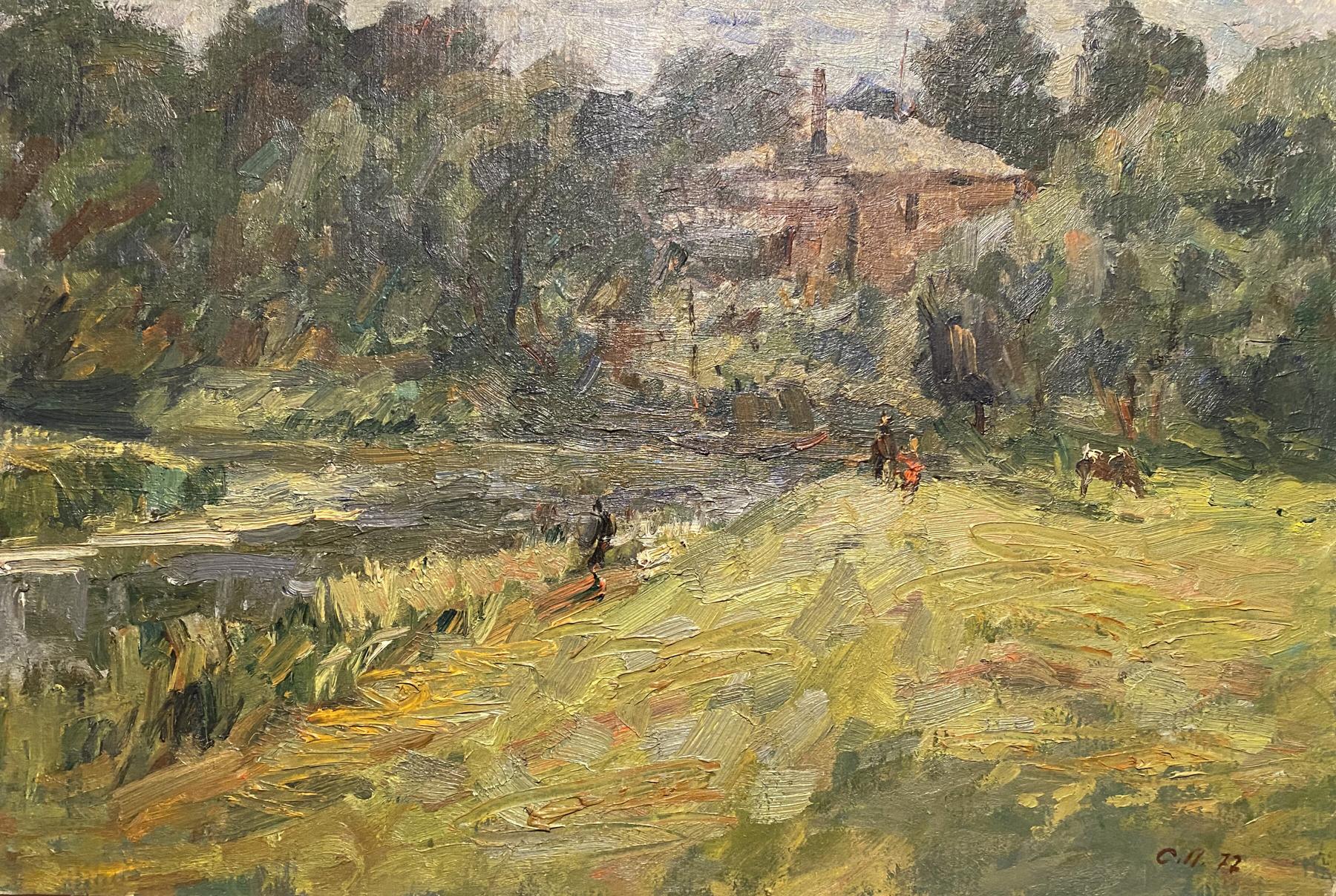 Oil painting Berdichev by Stanislav Petrashevsky: rustic fields, trees, brick house