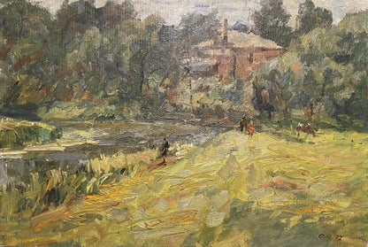 Oil painting Berdichev by Stanislav Petrashevsky: rustic fields, trees, brick house