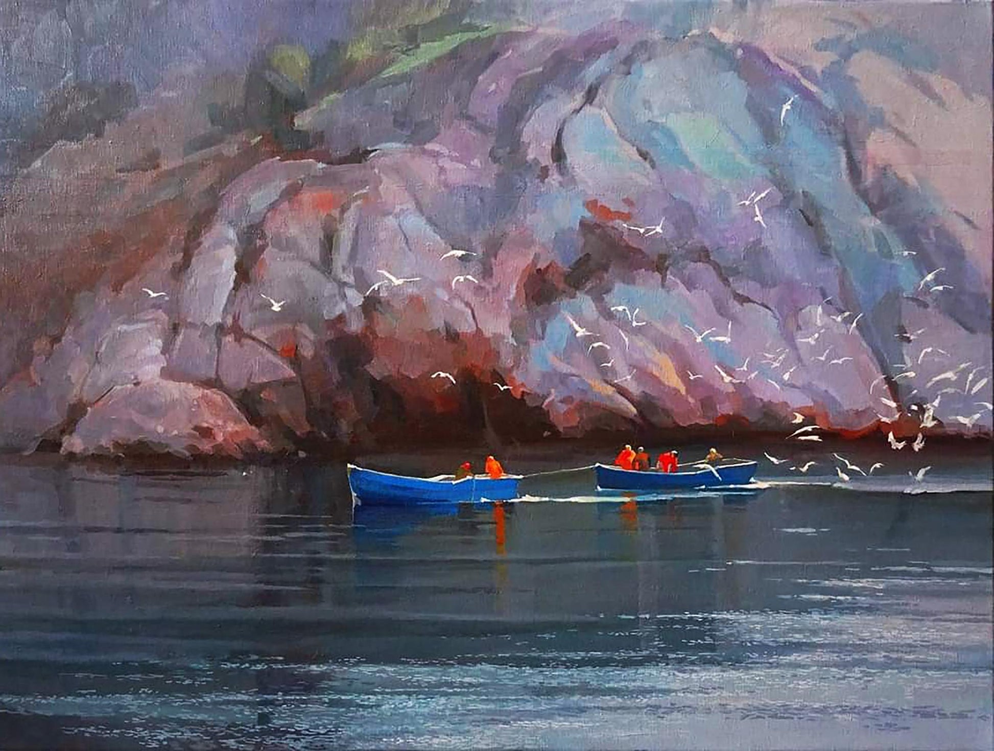 Oil painting Morning at Sea by Anastasia Yaroshevich: blue rowboats on calm waters under colorful cliff