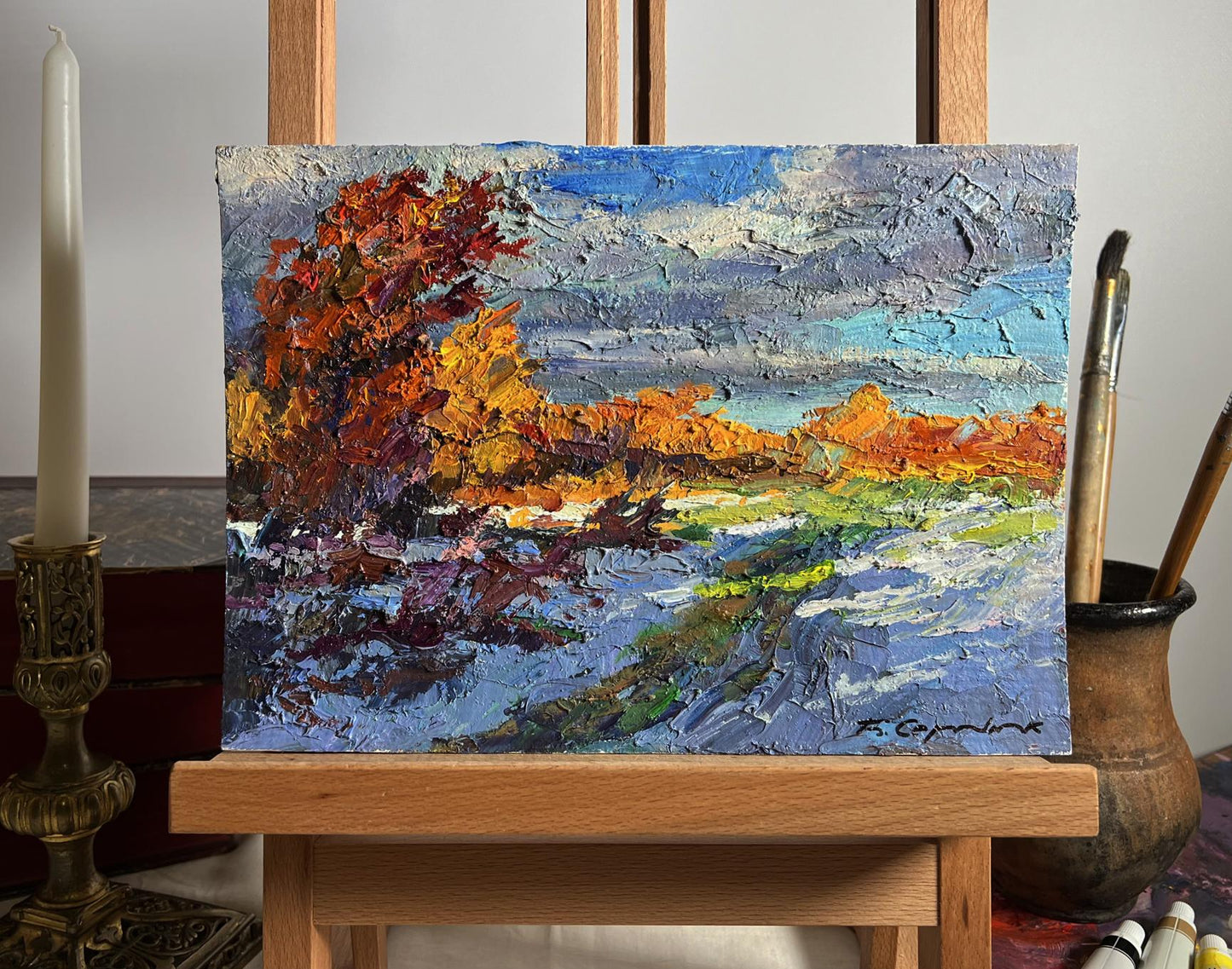 Vibrant impressionist oil painting The first snow fell by Boris Serdyuk, autumn foliage