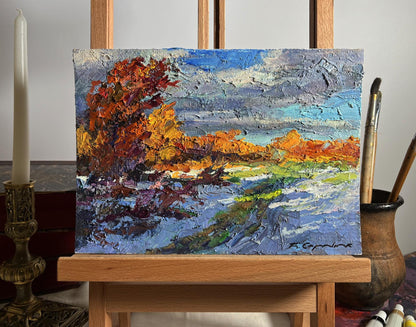 Vibrant impressionist oil painting The first snow fell by Boris Serdyuk, autumn foliage
