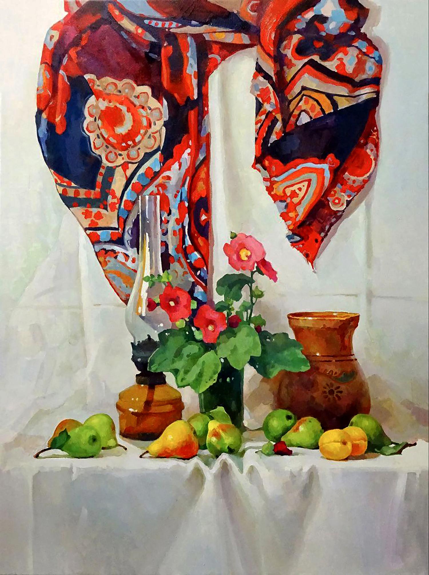 Oil painting Still life with hollyhocks by Anastasia Yaroshevich, vibrant scarf