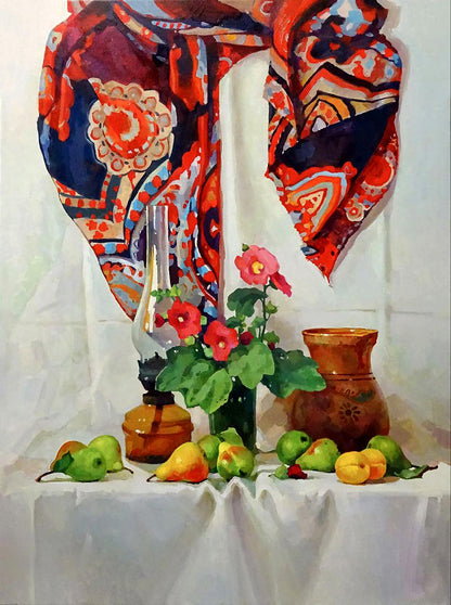 Oil painting Still life with hollyhocks by Anastasia Yaroshevich, vibrant scarf