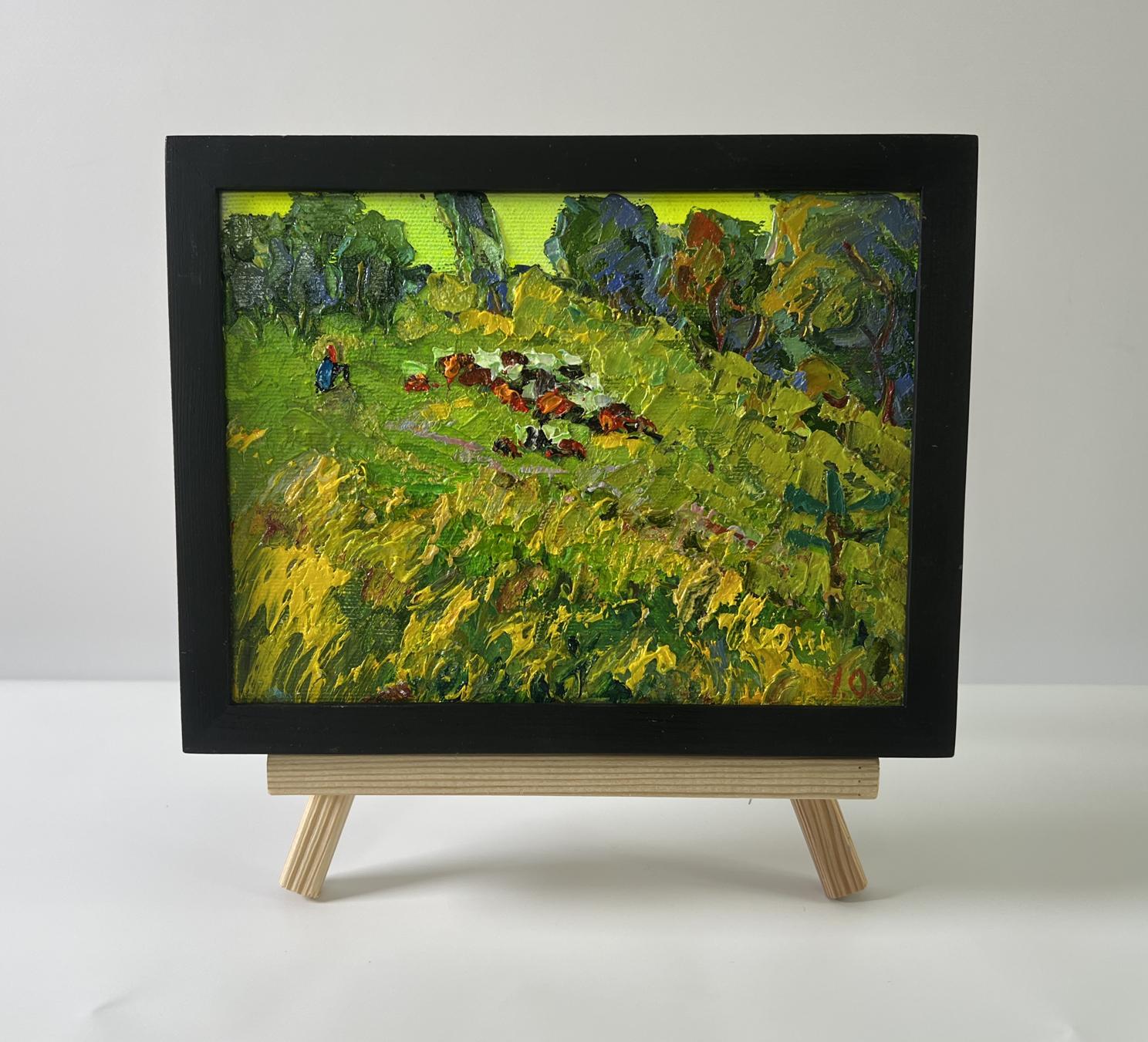 Oil painting Walk through the meadows by Oksana Ivanyuk, pastoral scene in black frame