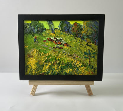 Oil painting Walk through the meadows by Oksana Ivanyuk, pastoral scene in black frame
