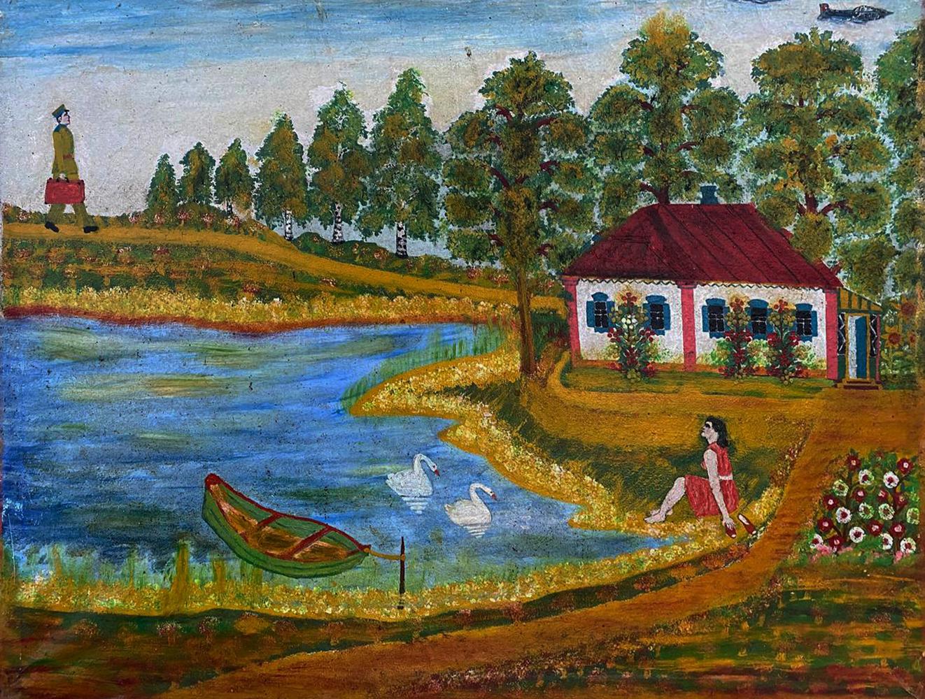 Oil painting of soldier returning from duty in green rowboat by blue pond
