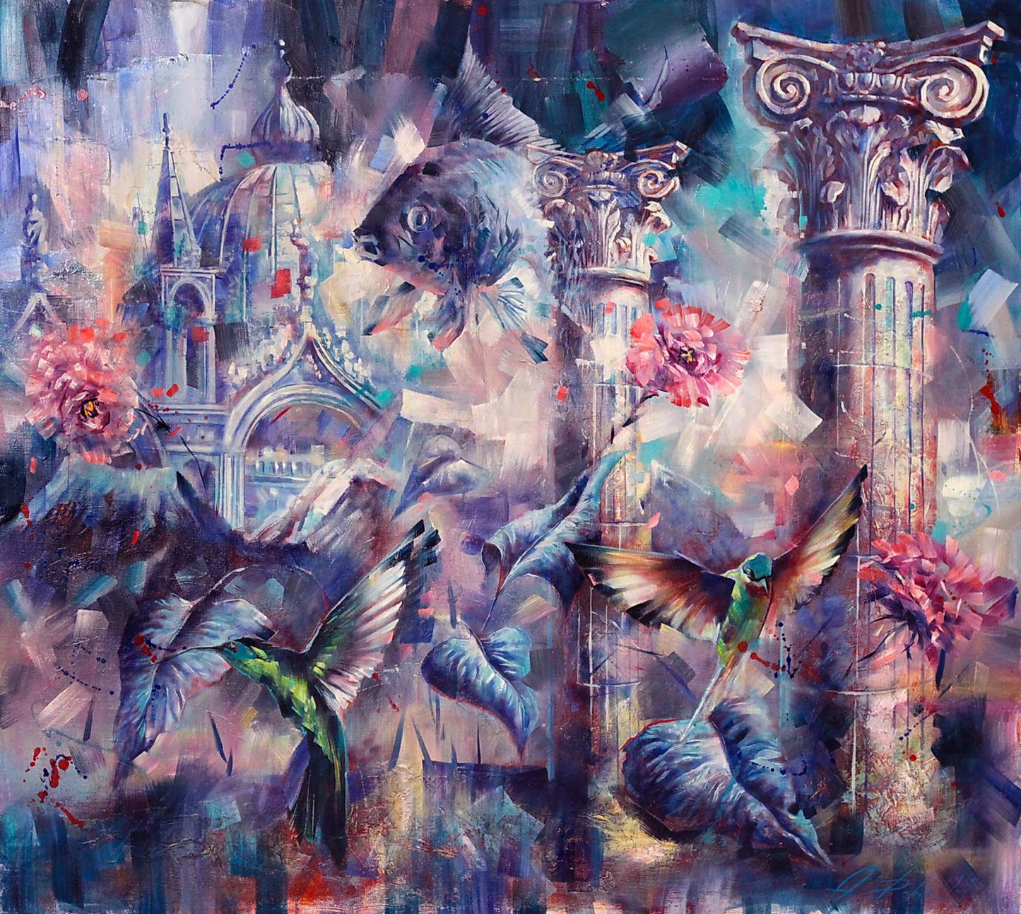 Oil painting Bluebirds by Alexander Dobrodiy with bluebirds, flowers, architecture