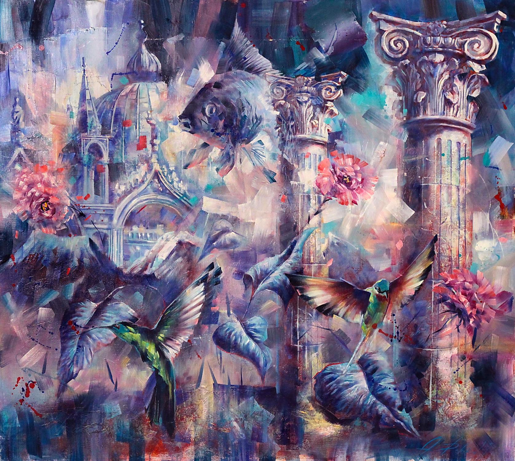 Oil painting Bluebirds by Alexander Dobrodiy with bluebirds, flowers, architecture