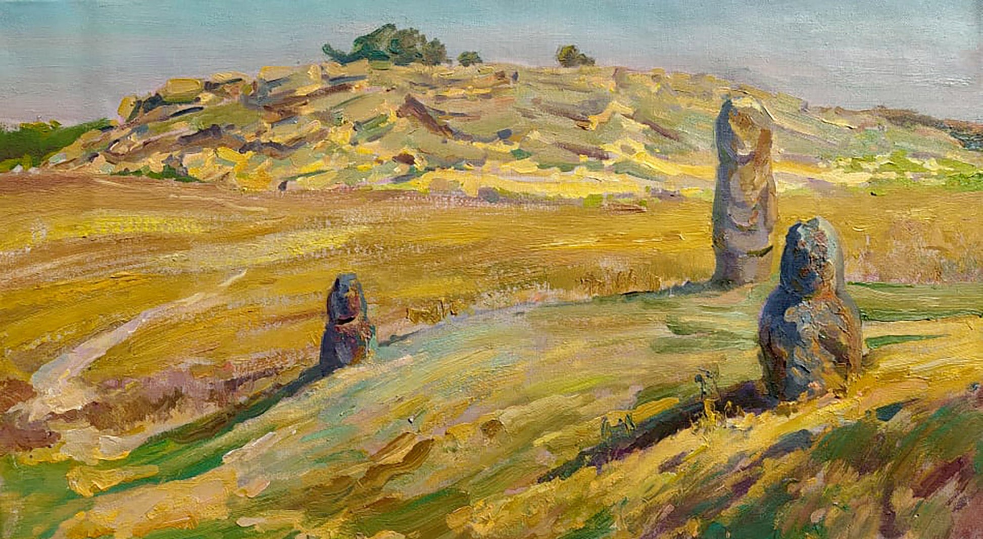 Oil painting of three weathered stone statues in golden field by Leonid Pavlenko