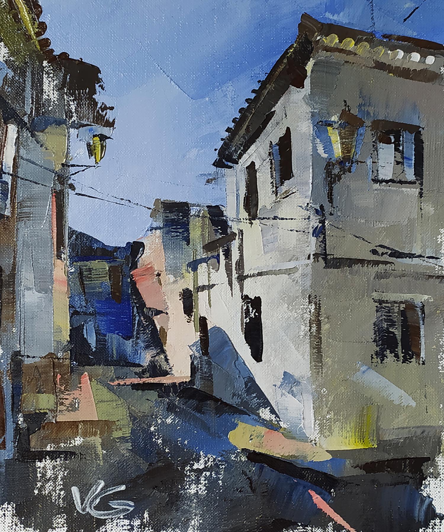 Abstract oil painting by Volodymyr Gluhomanyuk of narrow white-washed street