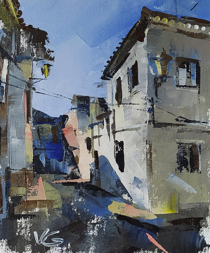 Abstract oil painting by Volodymyr Gluhomanyuk of narrow white-washed street