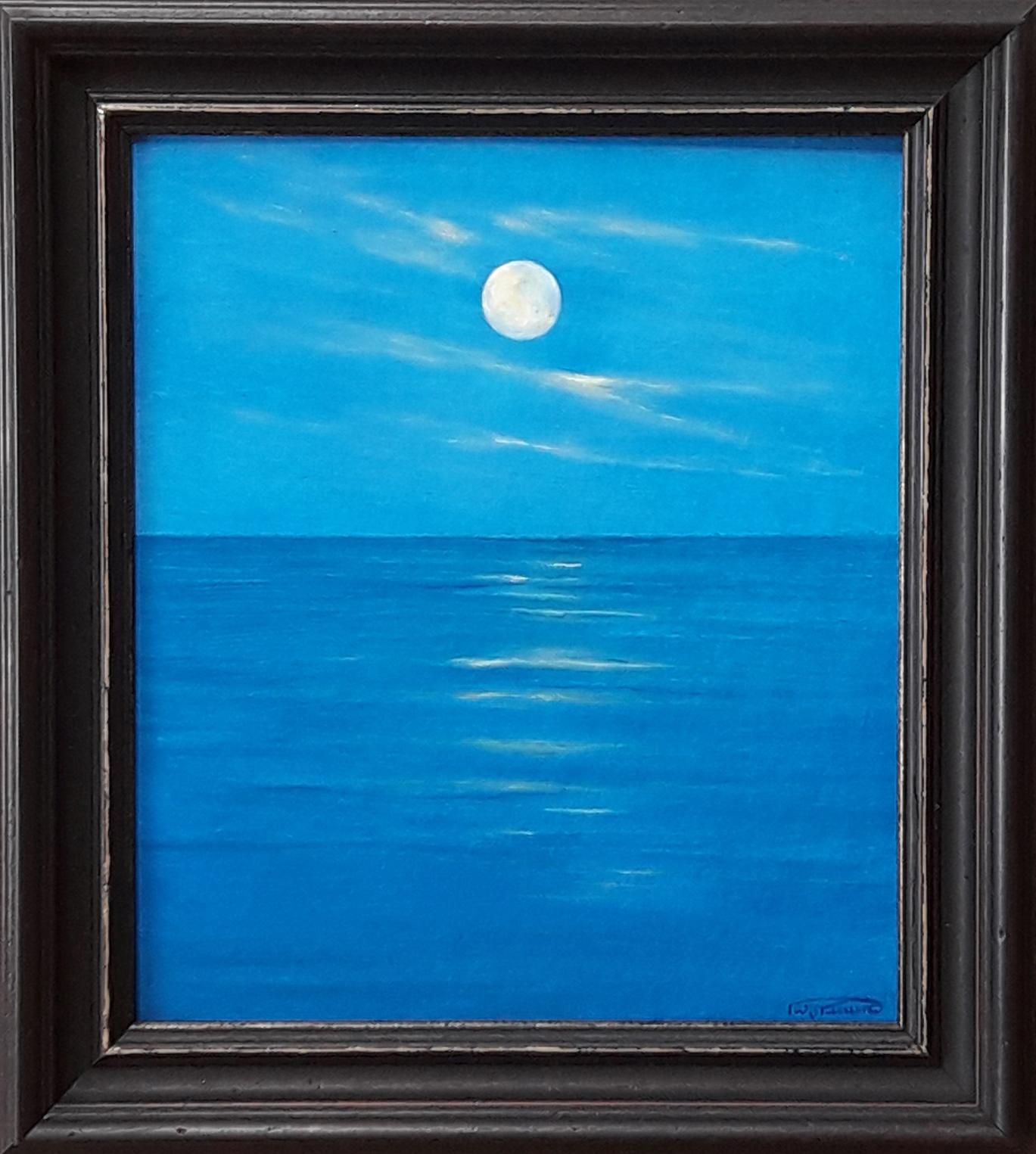 Serene full moon ocean acrylic painting by Vasily Korkishko, framed