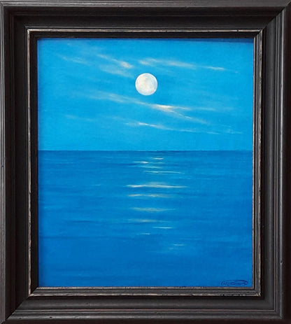 Serene full moon ocean acrylic painting by Vasily Korkishko, framed