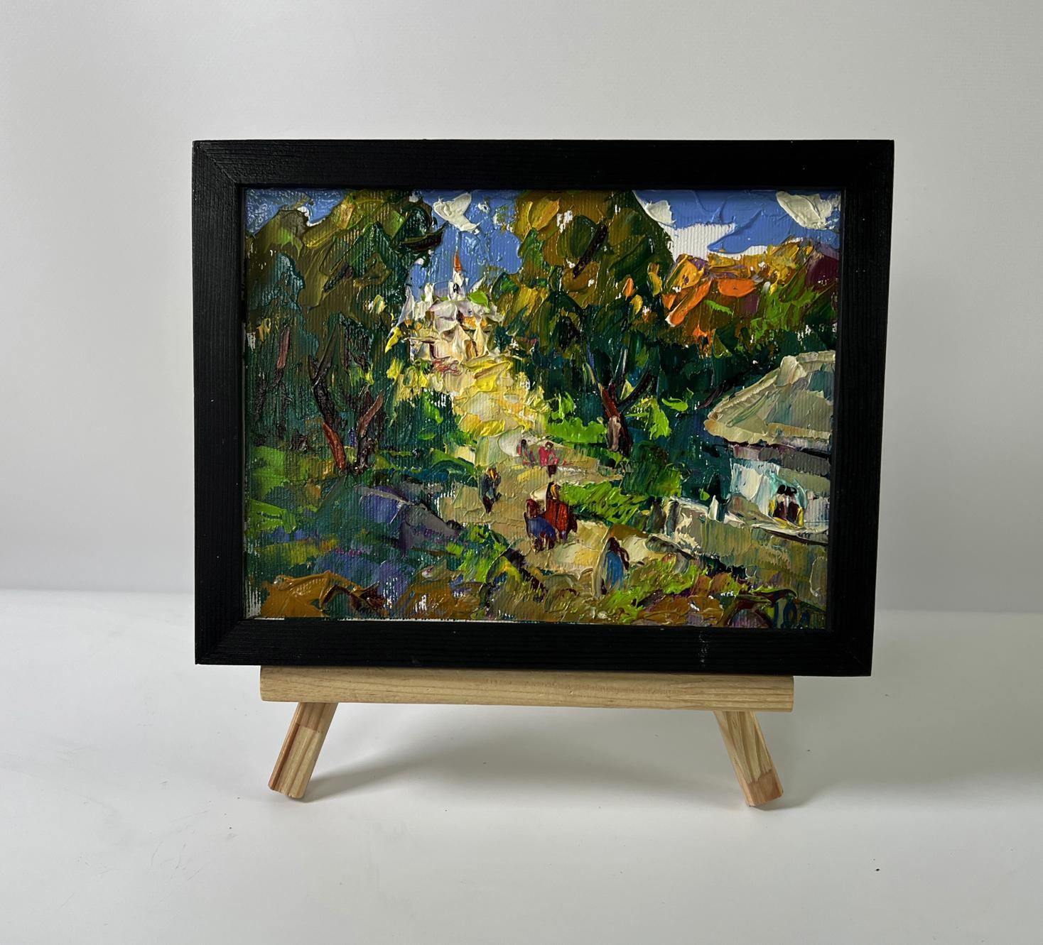 Oil painting Feast day in village by Oleksiy Ivanyuk in black frame