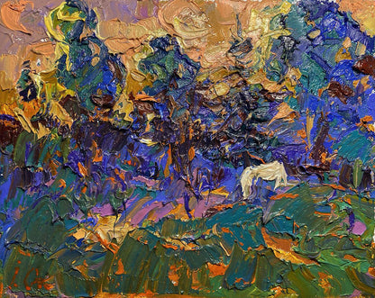 Oil painting Warm evening in the forest by Oleksiy Ivanyuk with vibrant colors