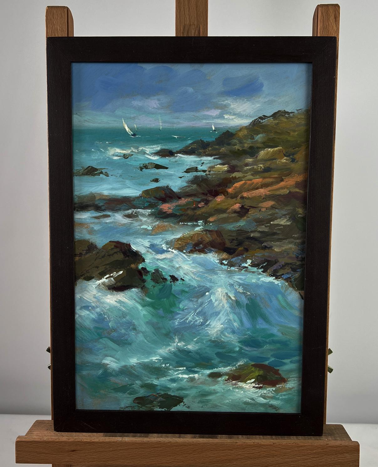 Framed oil painting by Yuriy Suprunchuk of crashing turquoise waves on rocks with sailboats