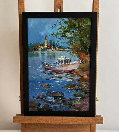 Oil painting by Yuriy Suprunchuk: boat near shore on calm blue water