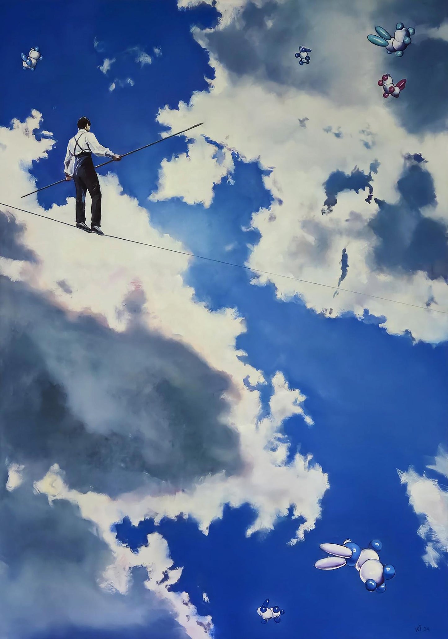 Oil painting Equilibrium Equation by Igor Konovalov: man tightropes clouds with pole