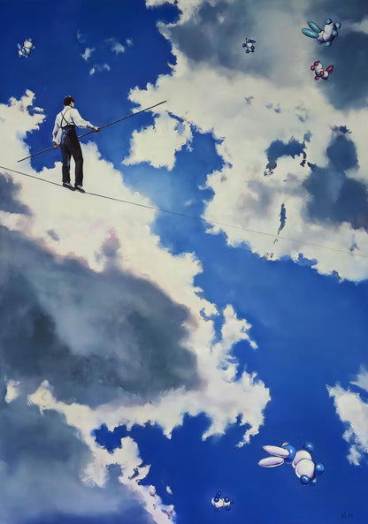 Oil painting Equilibrium Equation by Igor Konovalov: man tightropes clouds with pole