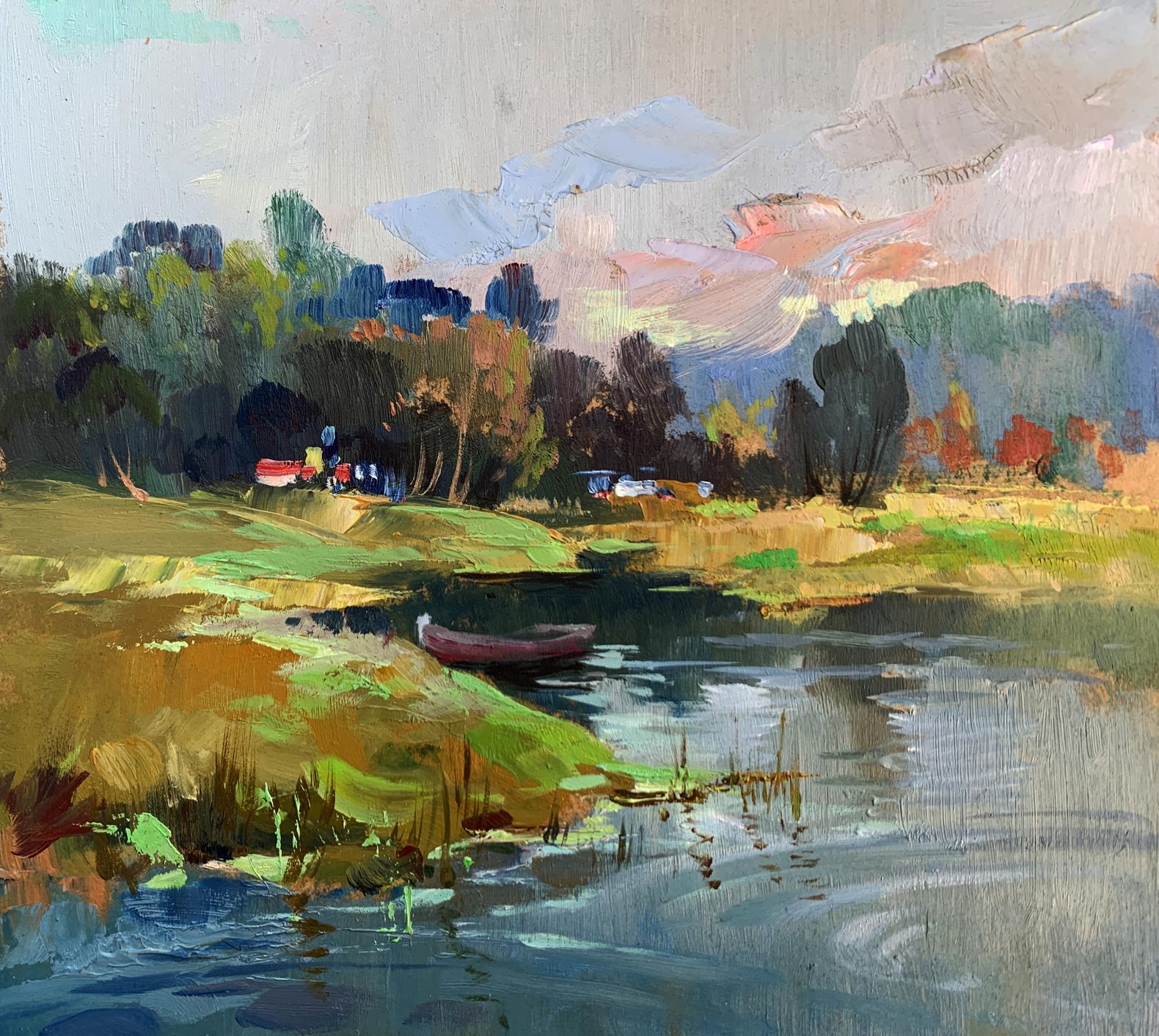 Oil painting of rowboat on Yuriy Suprunchuk’s left river bank