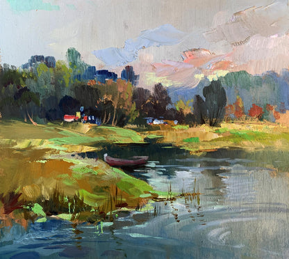 Oil painting of rowboat on Yuriy Suprunchuk’s left river bank