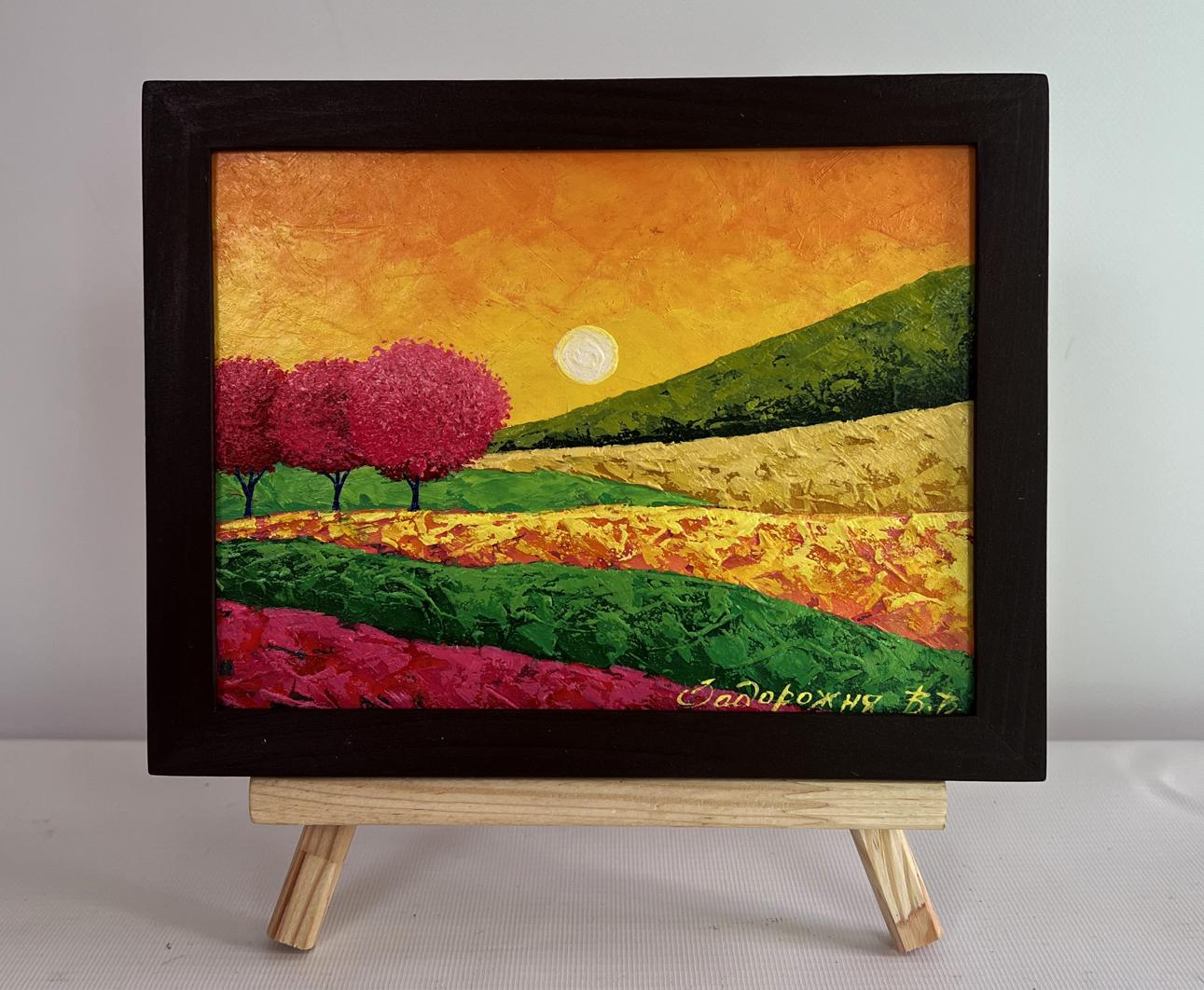 Oil painting Blooming trees in the field by V. Zadorozhnya, pink trees, orange sky
