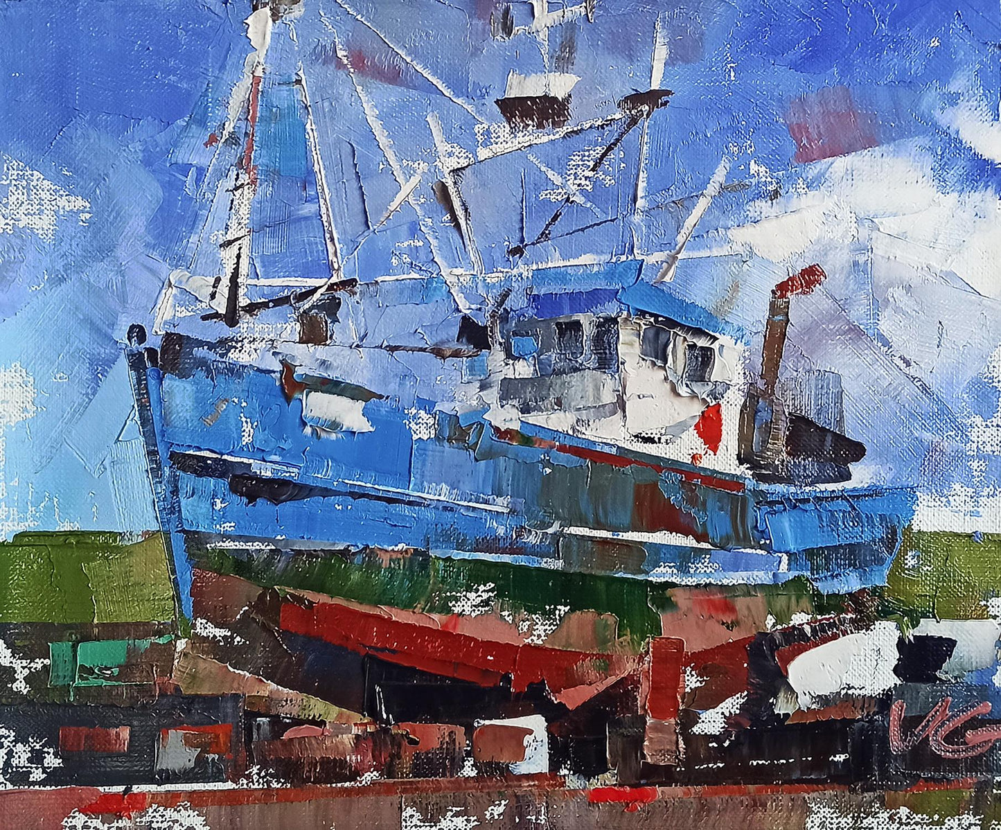 Oil painting of vibrant blue fishing boat at sea by Volodymyr Gluhomanyuk