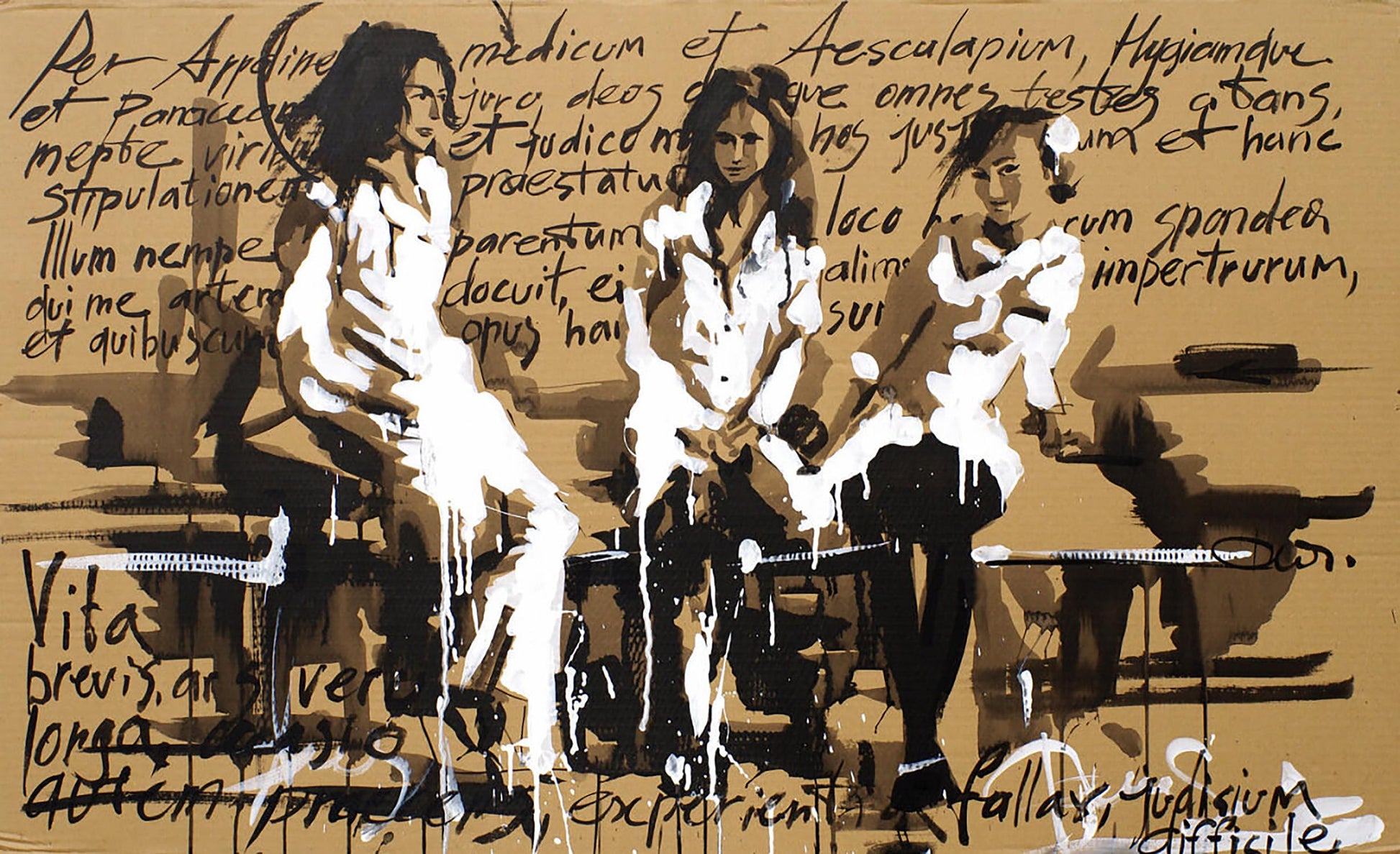 Acrylic painting Hippocratic Oath by Dima Filatov, abstract figures with Latin text