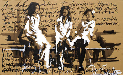 Acrylic painting Hippocratic Oath by Dima Filatov, abstract figures with Latin text