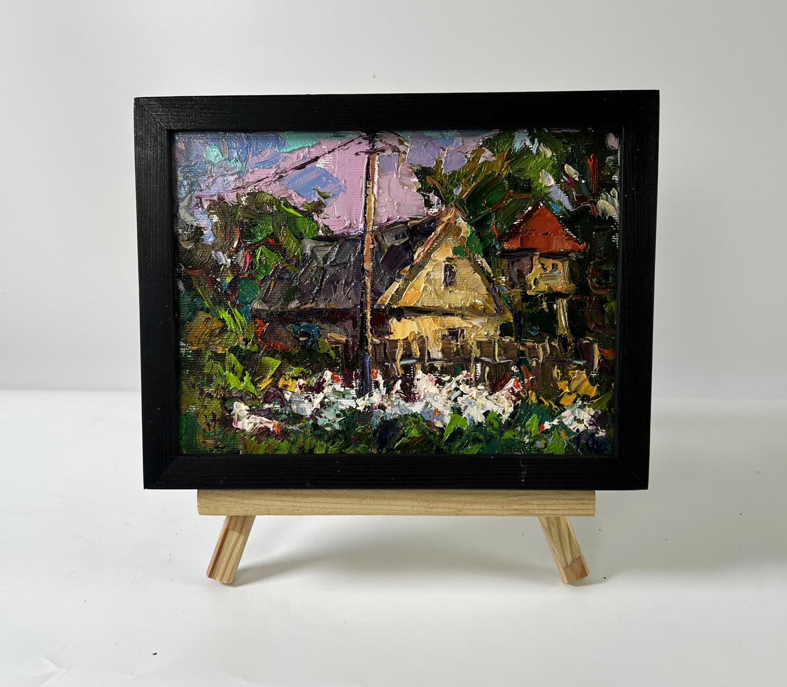 Oil painting Evening House by Oksana Ivanyuk rustic village scene