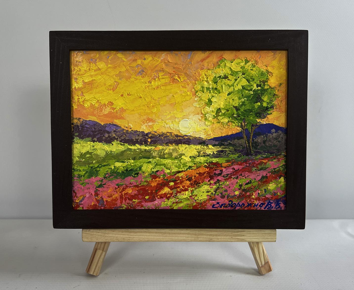 Oil painting Setting sun in the field by V. Zadorozhnya in black frame