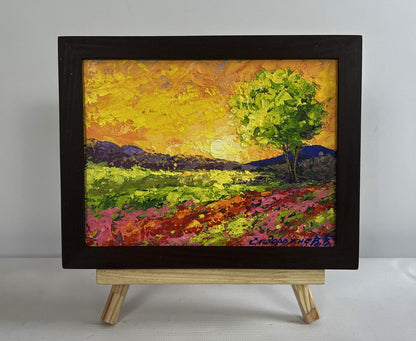 Oil painting Setting sun in the field by V. Zadorozhnya in black frame