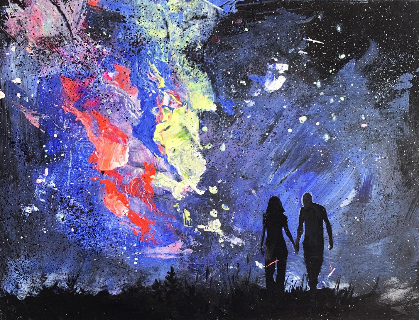 Oil painting Love night by Tatyana Derdey: vibrant blue, red, yellow splashes, dark background, walking silhouettes