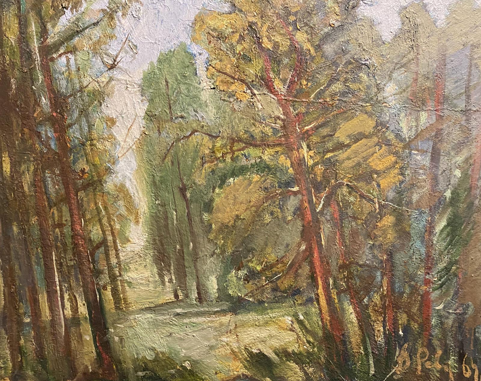 Textured oil painting of summer forest by unknown artist in autumn hues