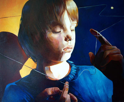 Serene oil painting Dream Catcher by Konsta G. Amelinn: boy in blue sweater holds white thread