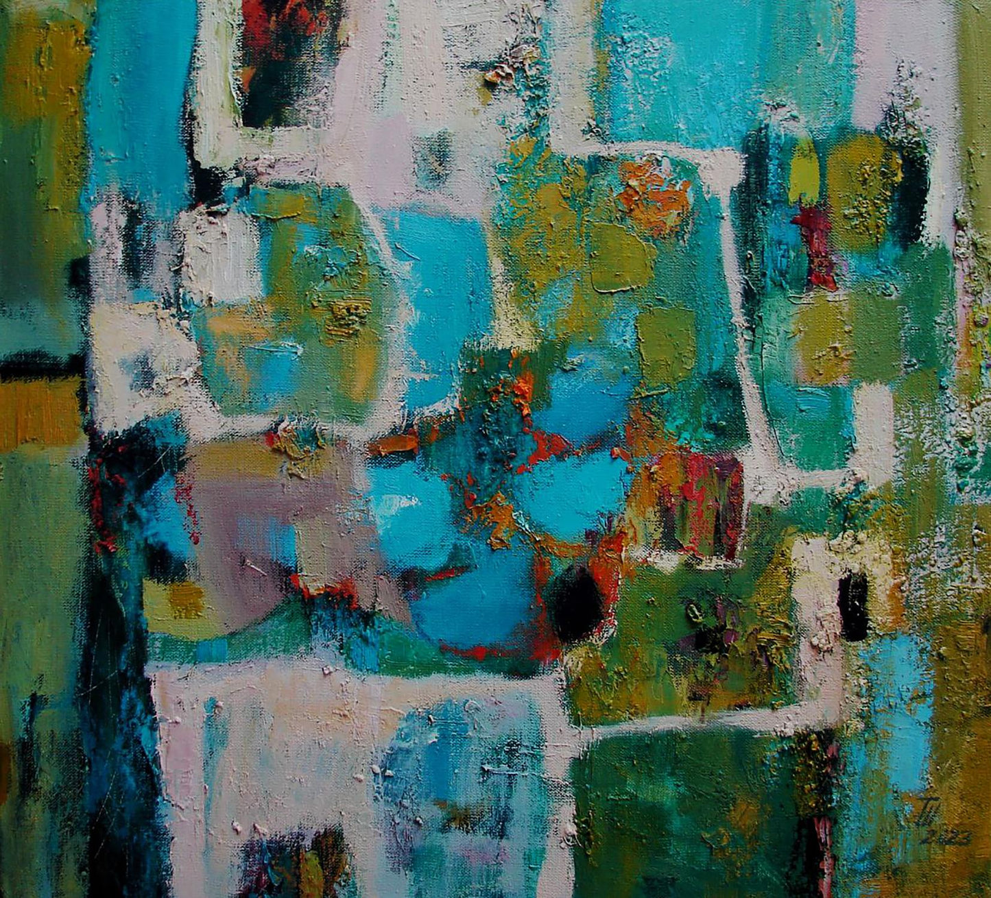 Abstract teal green white oil painting May blossoms by Tatyana Shulyak