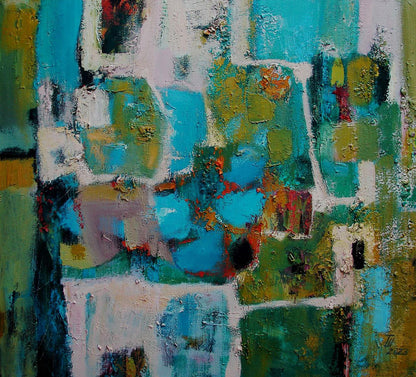 Abstract teal green white oil painting May blossoms by Tatyana Shulyak