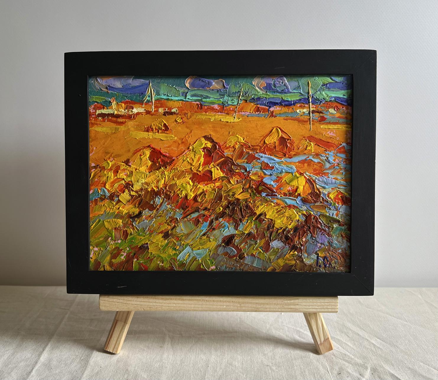 Oil painting Hay harvest in autumn by Oleksiy Ivanyuk in black frame