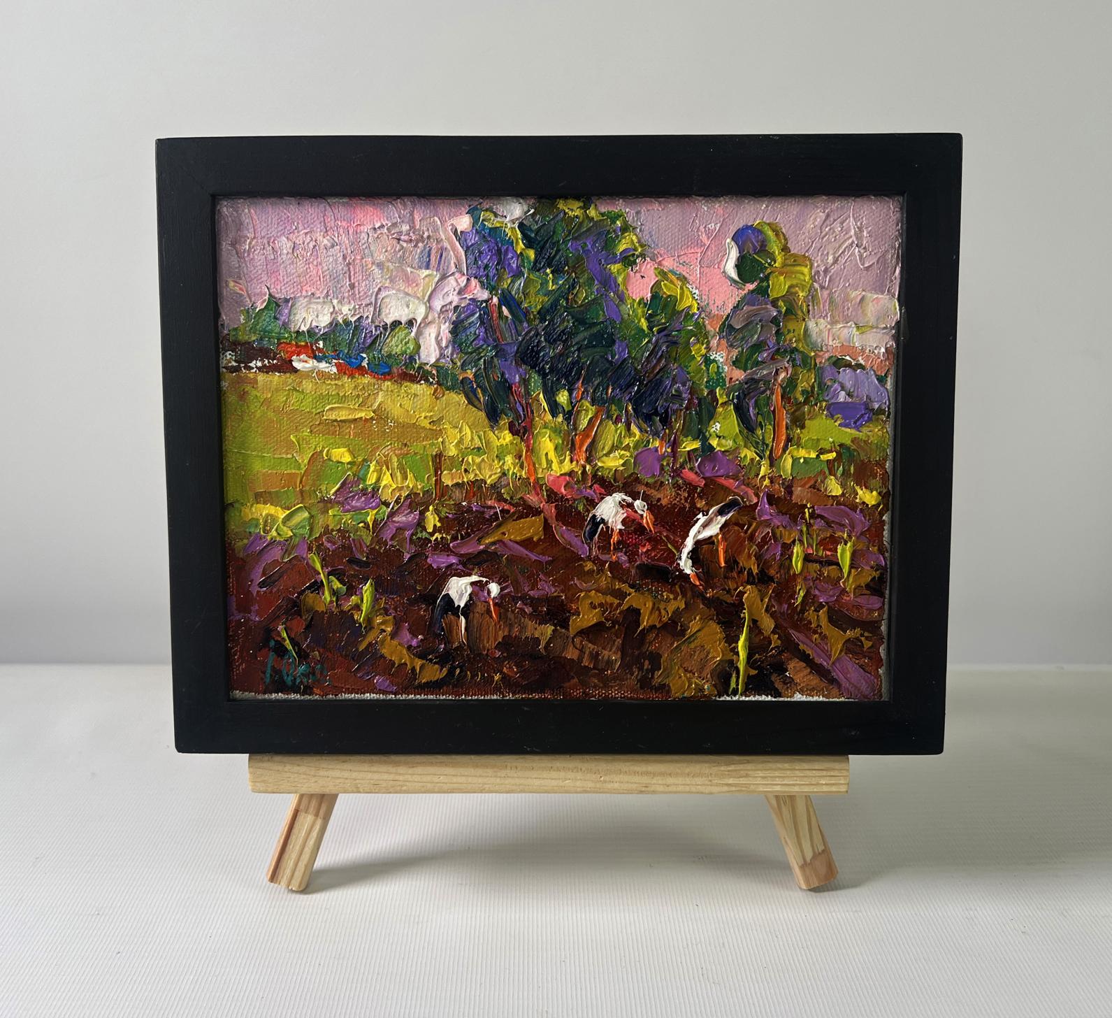 Vibrant impressionist oil painting by Oksana Ivanyuk: sunset pastoral scene in black frame