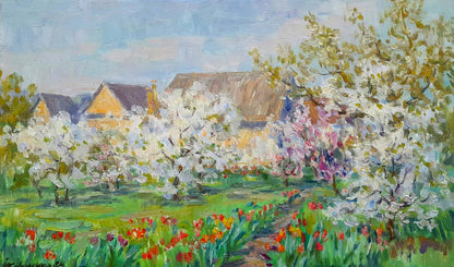 Vibrant Oi painting by Ivan Kovalenko: tulips in sunlit garden