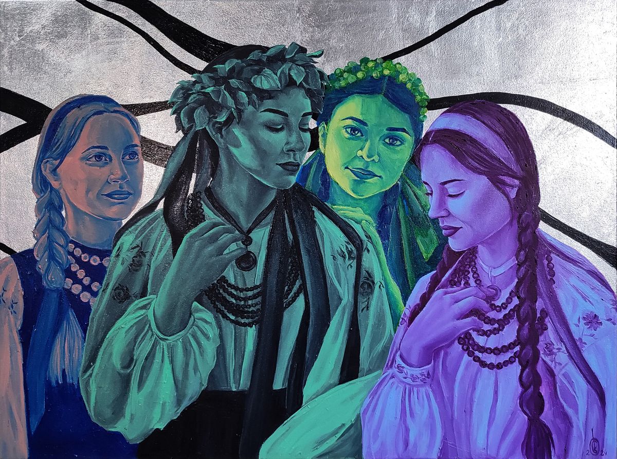 Oil painting portrait of four women in leafy headpieces by Oksana Sklym