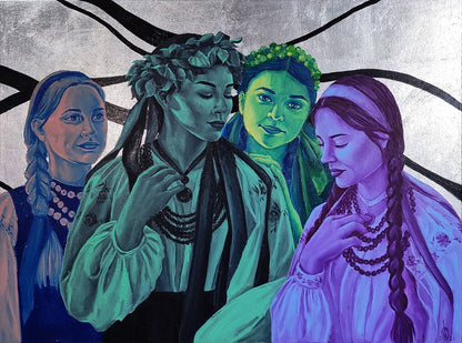 Oil painting portrait of four women in leafy headpieces by Oksana Sklym