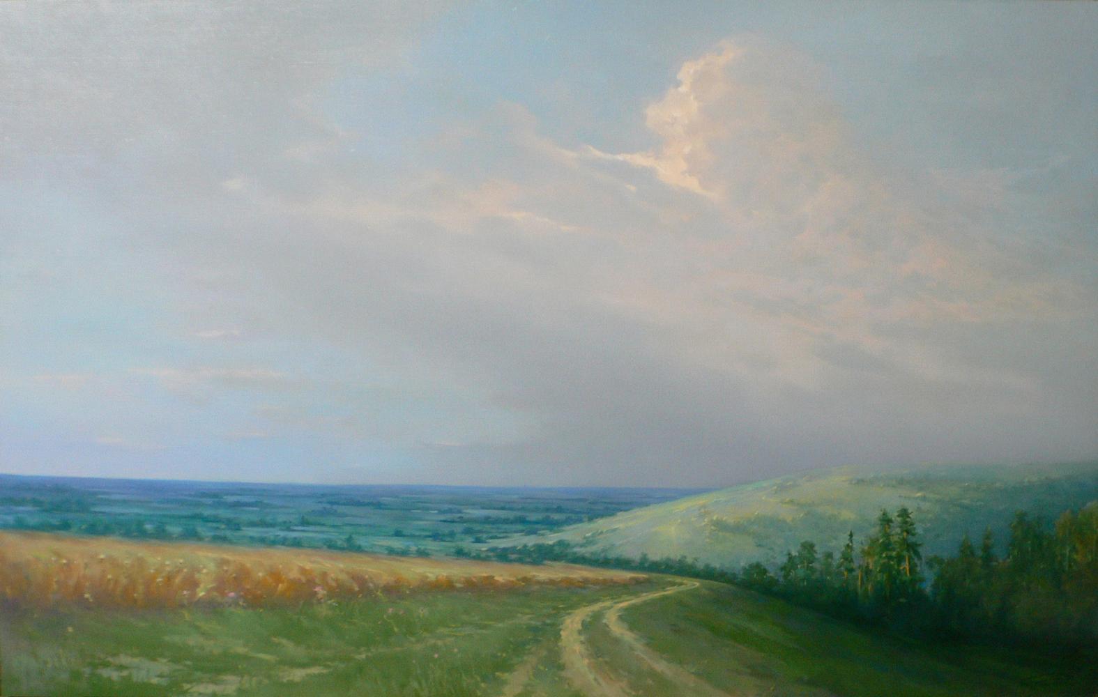 Serene oil painting by Vasily Korkishko: road through green hills, cloudy sky