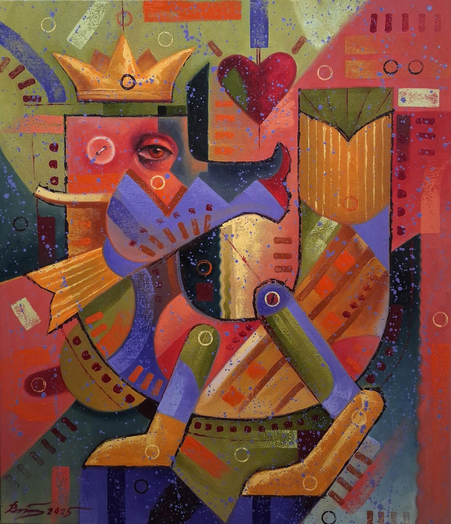 Oil painting Queen colors by Sergiy Voichenko: crowned figure with red heart
