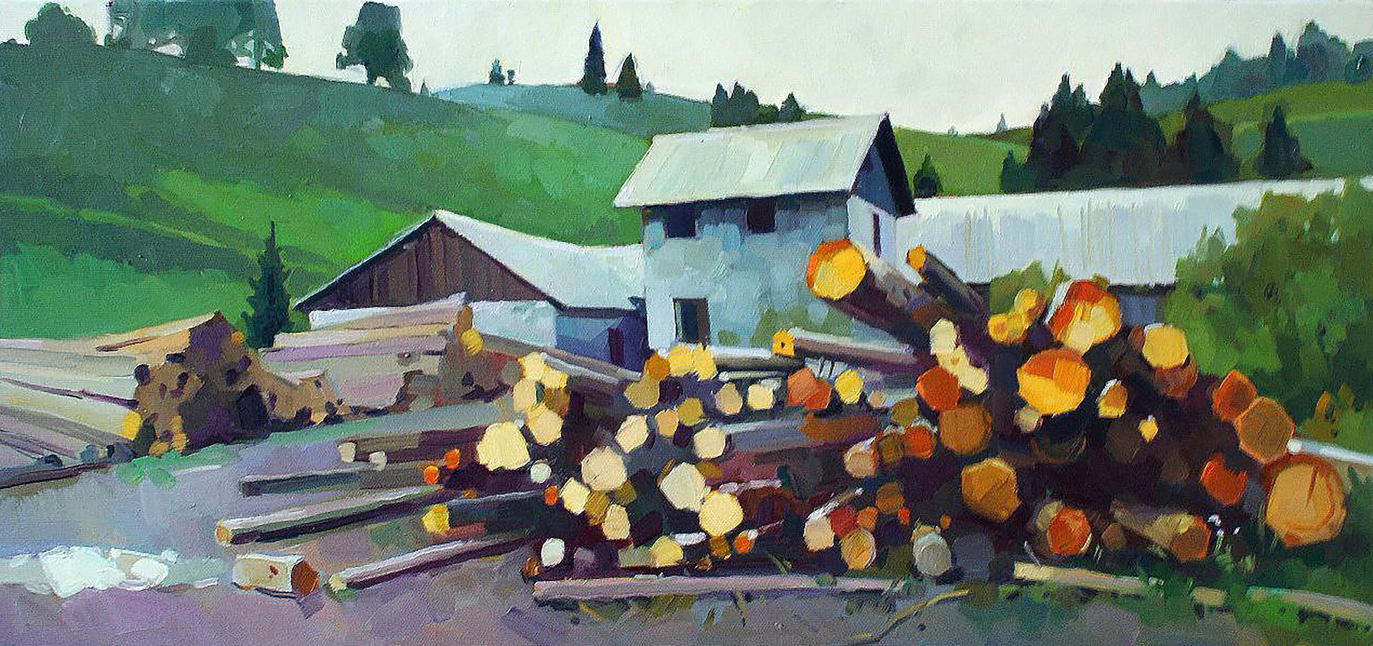 Oil painting Sawmill by Anastasia Yaroshevich: stacked logs with orange bark by sheds
